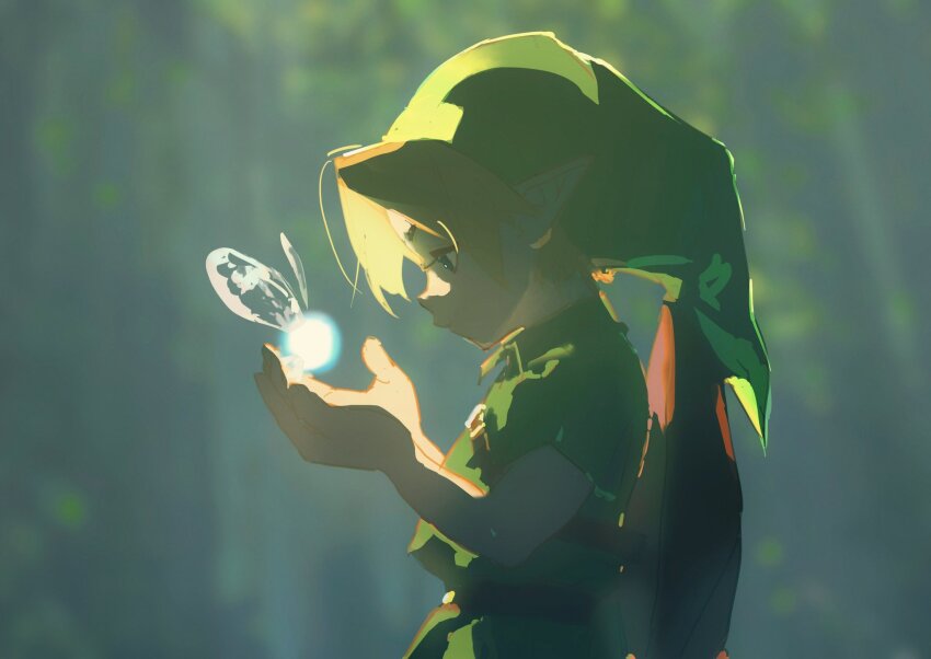 1boy belt belt_buckle blonde_hair blurry buckle depth_of_field fairy green_hat green_tunic hat highres link navi nintendo phrygian_cap pointy_ears redum4 shield shield_on_back solo_focus the_legend_of_zelda the_legend_of_zelda:_ocarina_of_time tunic young_link