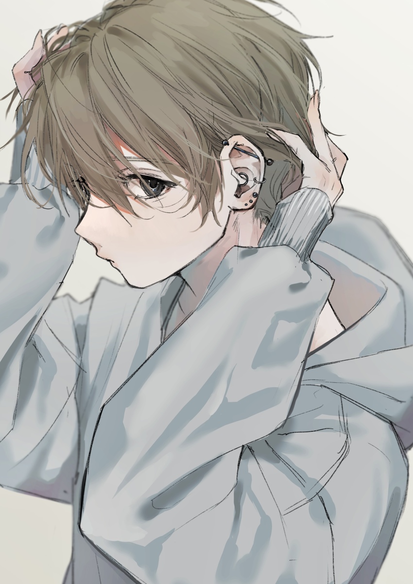 1boy absurdres black_eyes brown_hair closed_mouth ear_piercing earrings facing_to_the_side grey_hoodie highres hood hood_down hoodie jewelry long_sleeves looking_at_viewer male_focus original piercing solo white_background white_xxxx