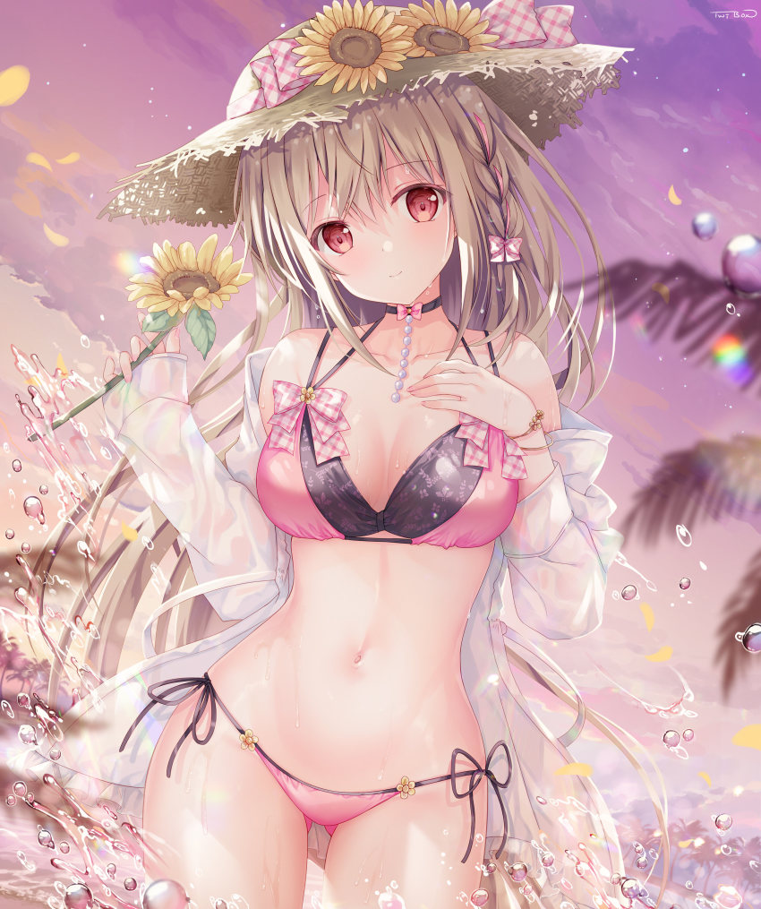 1girl absurdres bare_shoulders bikini black_choker braid breasts brown_hair brown_hat choker cowboy_shot flower halterneck hand_on_own_chest hand_up has_bad_revision has_downscaled_revision hat hat_flower highres holding jacket large_breasts long_hair looking_at_viewer lowleg lowleg_bikini maeda_shiori md5_mismatch multi-strapped_bikini navel off_shoulder open_clothes open_jacket original outdoors pink_bikini red_eyes resolution_mismatch solo source_smaller sousouman stomach straw_hat string_bikini sunflower sunset swimsuit two-tone_bikini water wet white_jacket