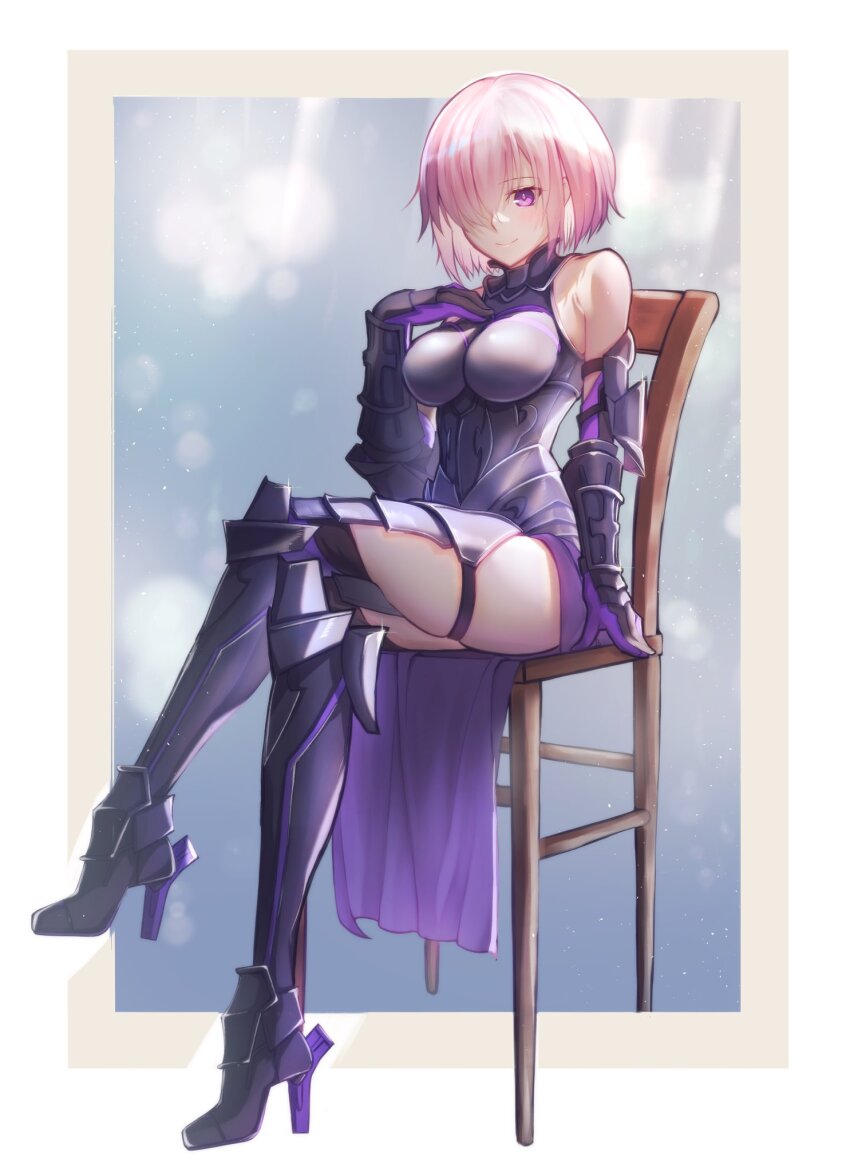 1girl armor armored_dress armored_leotard bare_shoulders black_armor black_leotard blush breasts cleavage elbow_gloves fallstreak_hole fate/grand_order fate_(series) gloves greaves hair_over_one_eye highres holding holding_shield large_breasts leotard looking_at_viewer lord_camelot_(fate) mash_kyrielight pink_hair purple_eyes purple_gloves purple_hair shield short_hair smile solo thigh_strap thighs toomishou