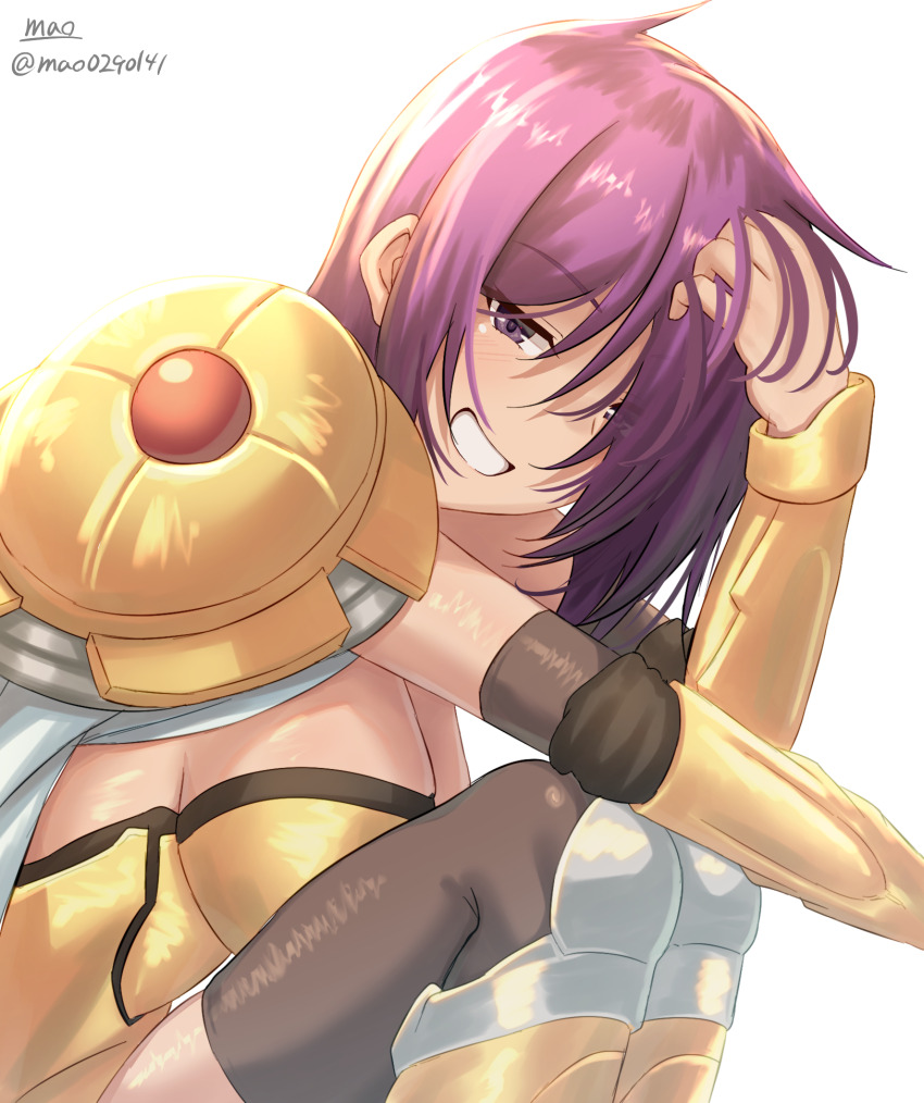 1girl armor artist_name black_thighhighs bracer cape grin hair_over_one_eye highres looking_at_viewer m.a.o milli_yorks pauldrons purple_eyes purple_hair rance_(series) short_hair shoulder_armor sitting smile solo thighhighs white_cape yellow_armor