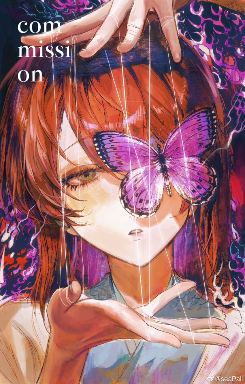 1girl artist_name bug butterfly butterfly_on_face commission expressionless fingernails green_eyes hair_over_one_eye half-closed_eyes highres insect light_blush long_hair looking_ahead looking_at_viewer original parted_lips red_hair seapall sidelocks simple_background solo weibo_watermark