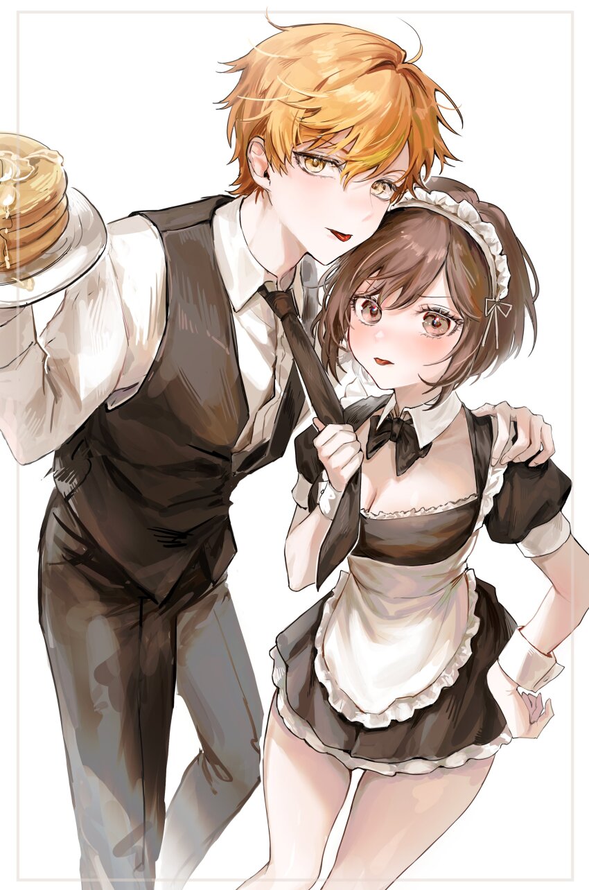 1boy 1girl :p absurdres alternate_costume apron bow bowtie breasts brown_eyes brown_hair butler cleavage dress highres looking_at_viewer maid maid_apron maid_headdress medium_breasts project_sekai pulling_another&#039;s_clothes shinonome_akito shinonome_ena short_hair short_sleeves simple_background skirt someang tongue tongue_out white_background