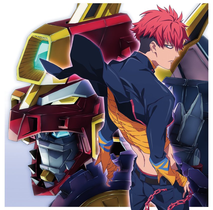 1boy bandages blue_eyes chain commentary_request crop_top dynazenon_(character) gauma green_eyes gridman_universe highres long_sleeves looking_back male_focus mecha multicolored_hair official_art red_hair robot short_hair ssss.dynazenon two-tone_hair white_background