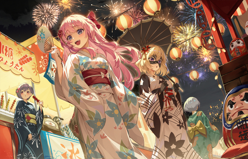 4girls absurdres aerial_fireworks artist_request back_bow bang_dream! bang_dream!_it&#039;s_mygo!!!!! black_gloves black_kimono black_mask blonde_hair blue_kimono blush bow chihaya_anon chinese_commentary commentary_request commission dango daruma_doll doloris_(bang_dream!) festival fireworks floral_print flower food from_above gloves green_kimono grey_eyes grey_hair hair_flower hair_ornament hand_fan highres holding holding_food japanese_clothes kaname_raana kimono long_hair mask masquerade_mask medium_hair misumi_uika mitarashi_dango multiple_girls obi oil-paper_umbrella open_mouth pink_hair purple_eyes red_eyes sash second-party_source short_hair takamatsu_tomori teeth umbrella upper_teeth_only wagashi white_kimono yellow_bow