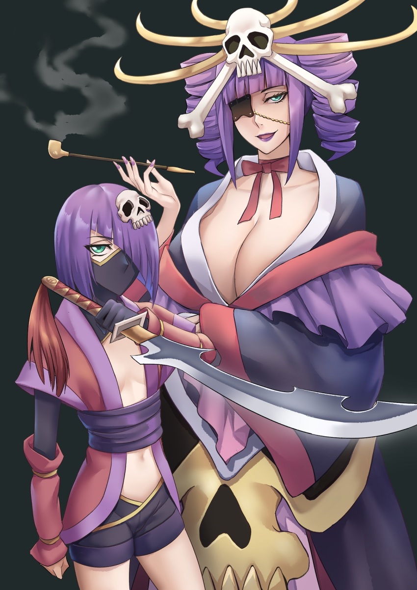 2girls bleach blue_eyes breasts cleavage highres huge_breasts katen_kyoukotsu multiple_girls purple_hair sakuya_(liao_kj) zanpakutou_(spirit)