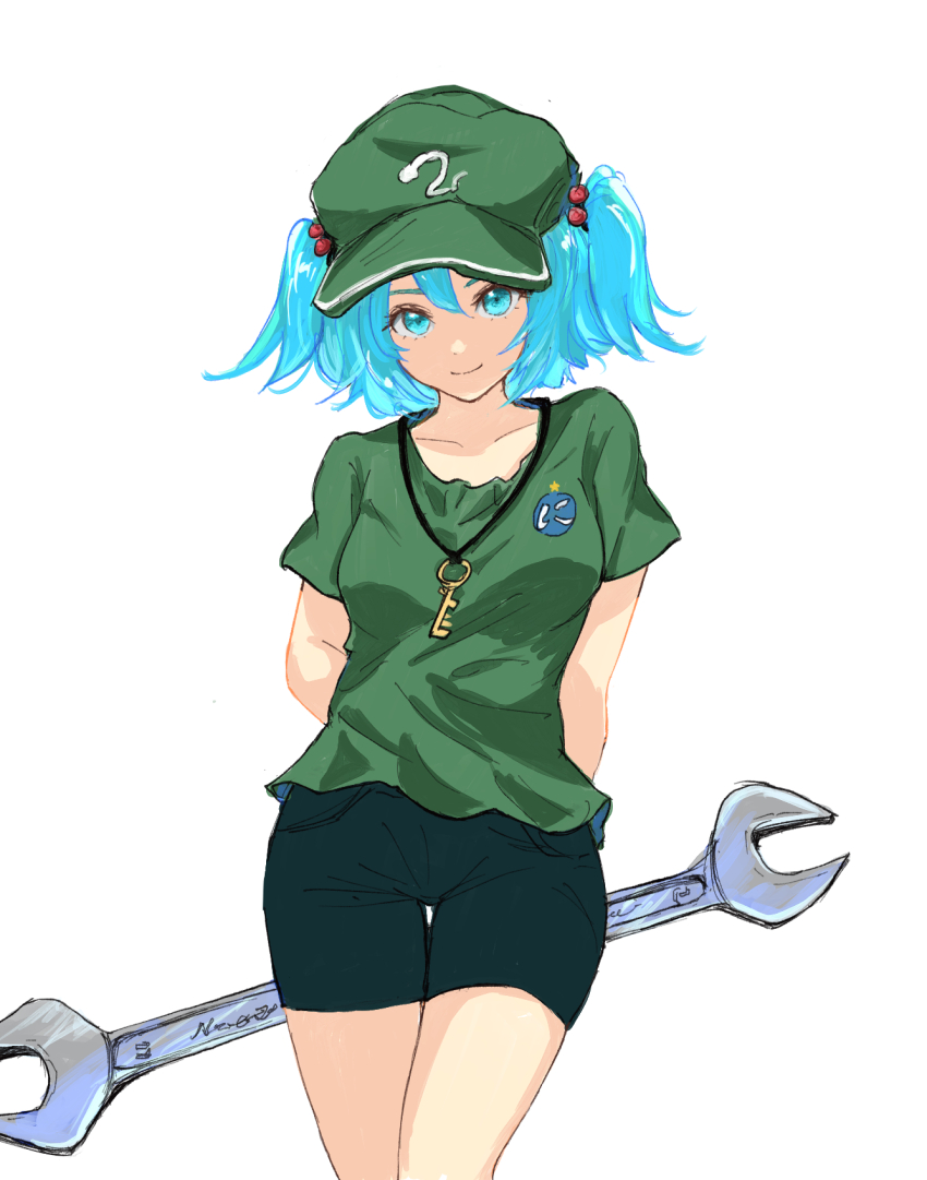 1girl blue_eyes blue_hair closed_mouth commentary flat_cap green_hat green_shirt green_shorts hair_between_eyes hair_bobbles hair_ornament hat highres kashiwada_kiiho kawashiro_nitori key looking_at_viewer medium_hair shirt short_sleeves shorts simple_background smile solo touhou two_side_up white_background wrench