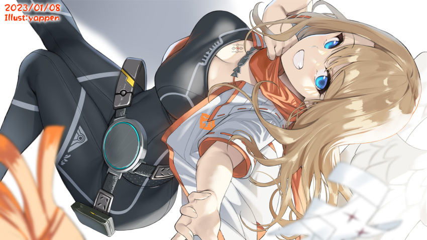 belt belt_pouch black_bodysuit blue_eyes bodysuit breasts cleavage cleavage_cutout clothing_cutout dutch_angle eunie_(xenoblade) from_side head_wings jacket large_breasts light_brown_hair long_hair looking_at_viewer open_clothes open_jacket orange_scarf outstretched_hand pouch scarf short_sleeves smile strap taion_(xenoblade) teeth thighs very_long_hair white_jacket wings xenoblade_chronicles_(series) xenoblade_chronicles_3 yappen