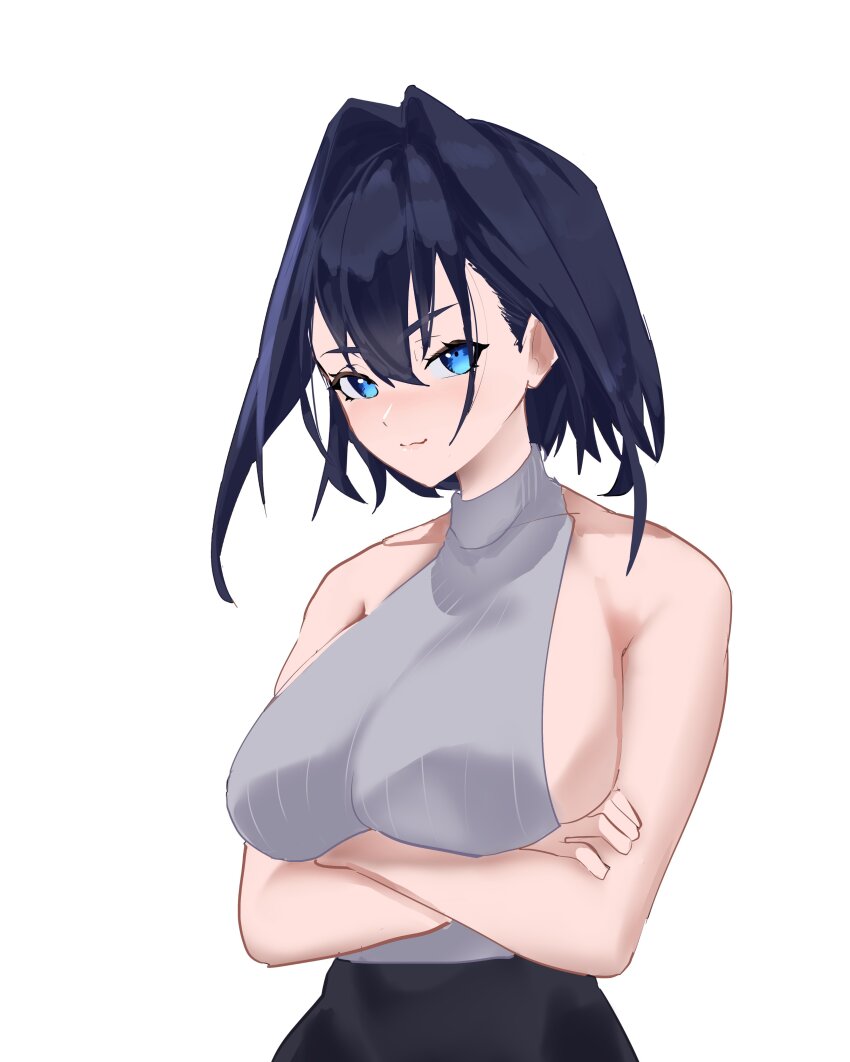 1girl absurdres black_hair black_skirt blue_eyes breasts closed_mouth crossed_arms hair_intakes highres hololive hololive_english koizumi_arata large_breasts looking_at_viewer ouro_kronii short_hair sideboob simple_background skirt sleeveless sleeveless_turtleneck solo turtleneck virtual_youtuber white_background