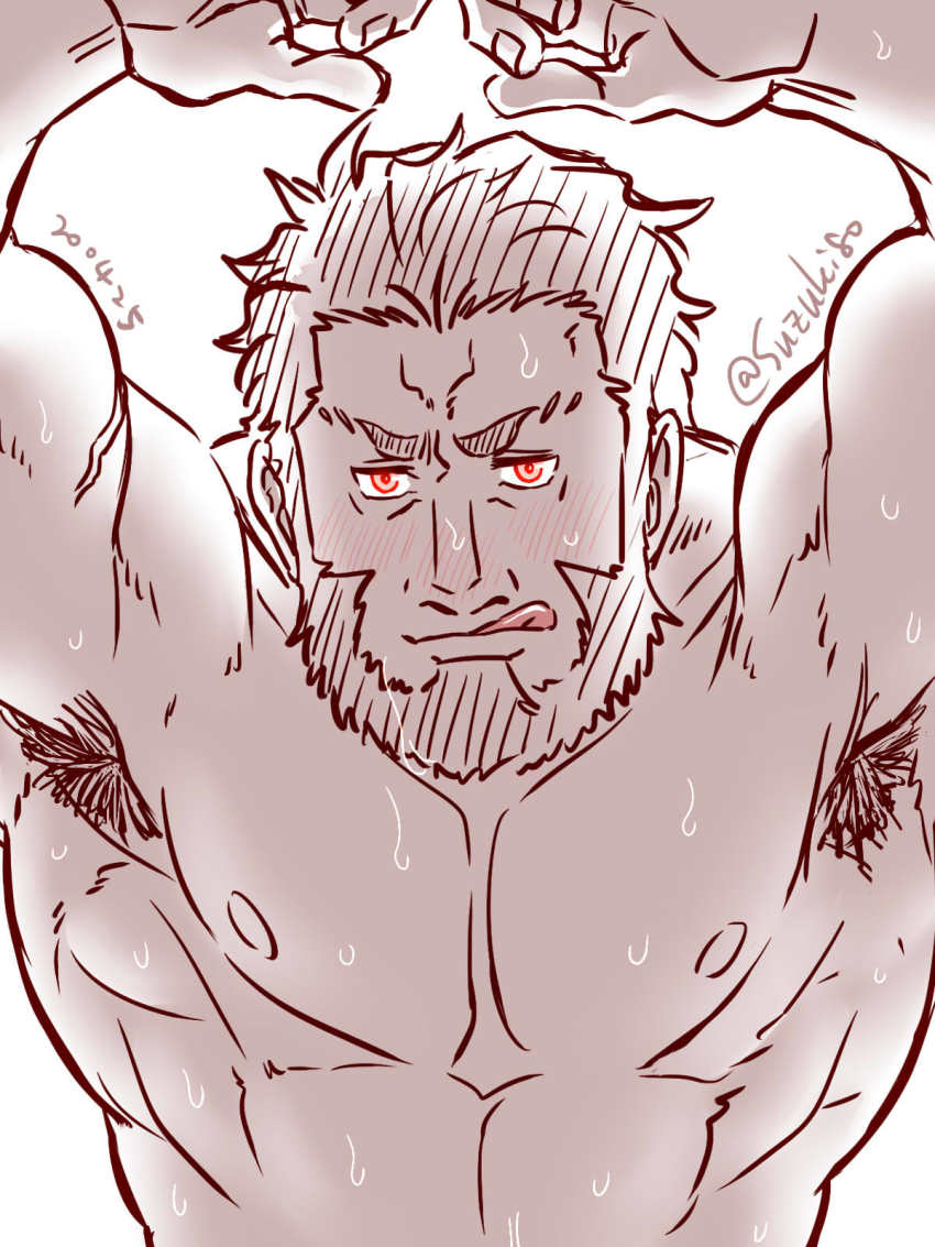 1boy abs armpit_hair arms_up bad_id bad_pixiv_id bara beard blush excited facial_hair fate/grand_order fate/zero fate_(series) greyscale highres iskandar_(fate) large_pectorals licking_lips looking_at_viewer male_focus manly monochrome muscular nipples pectorals pov sexually_suggestive solo suzuki80 sweatdrop tongue tongue_out