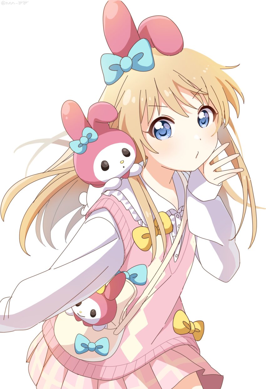 1girl absurdres animal_ears bag blonde_hair blue_bow blue_eyes blush bow collared_shirt commentary_request crossover fake_animal_ears hair_bow hand_up highres long_hair long_sleeves looking_at_viewer my_melody nnn_yryr official_alternate_costume onegai_my_melody pink_skirt pink_vest pleated_skirt rabbit_ears sanrio shirt shoulder_bag simple_background skirt sleeves_past_wrists solo stuffed_animal stuffed_rabbit stuffed_toy sweater_vest toshinou_kyouko v-shaped_eyebrows vest white_background white_shirt yellow_bow yuru_yuri