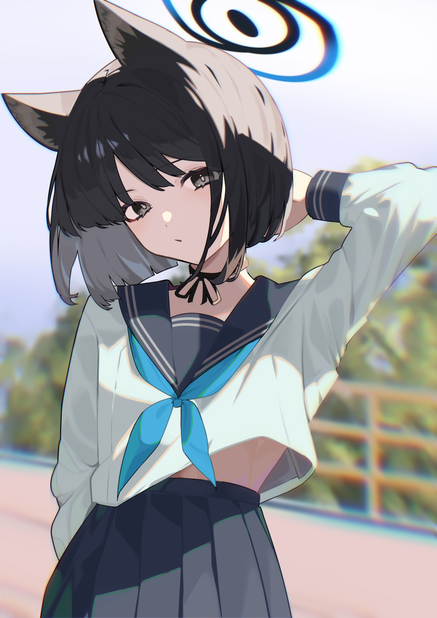 1girl absurdres animal_ears black_eyes black_hair black_sailor_collar black_skirt blue_archive blue_halo blue_neckerchief cat_ears cat_tail closed_mouth halo highres kikyou_(blue_archive) long_sleeves looking_at_viewer multiple_tails nakare2845 neckerchief pleated_skirt sailor_collar school_uniform serafuku short_hair skirt solo tail two_tails