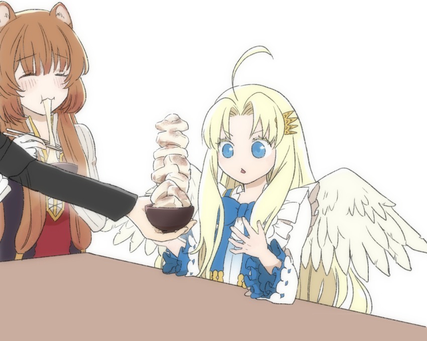 1boy 2girls :3 :o ahoge animal_ears black_dress black_shirt blonde_hair blue_dress blue_eyes brown_hair chopsticks closed_eyes commentary_request dress eating feathered_wings filo_(tate_no_yuusha_no_nariagari) food food_request frilled_sleeves frills hair_ornament hair_tubes hairclip hands-up high_collar holding holding_chopsticks holding_food iwatani_naofumi kotatsu long_hair long_sleeves looking_at_food multicolored_clothes multicolored_dress multiple_girls open_mouth out_of_frame raccoon_ears raccoon_girl raphtalia red_dress shirt simple_background table taku0_paripori tate_no_yuusha_no_nariagari under_kotatsu under_table upper_body white_background white_dress white_wings wings yellow_trim