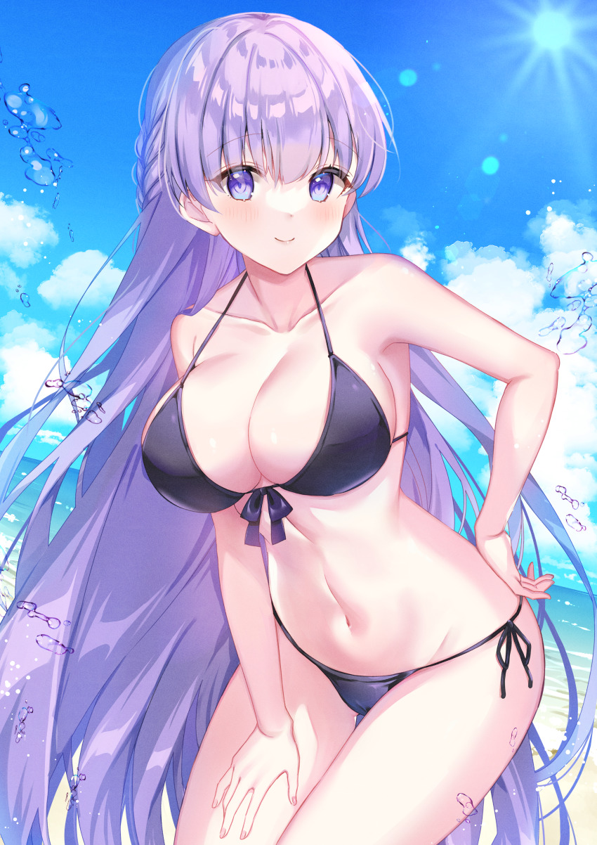 1girl absurdres alternate_costume beach bikini black_bikini blush braid breasts commission commissioner_upload fire_emblem fire_emblem:_the_binding_blade french_braid halterneck highres large_breasts long_hair looking_at_viewer midriff miyakoto navel nintendo ocean purple_eyes purple_hair sand side-tie_bikini_bottom skeb_commission solo sophia_(fire_emblem) string_bikini sunlight swimsuit very_long_hair water white_background