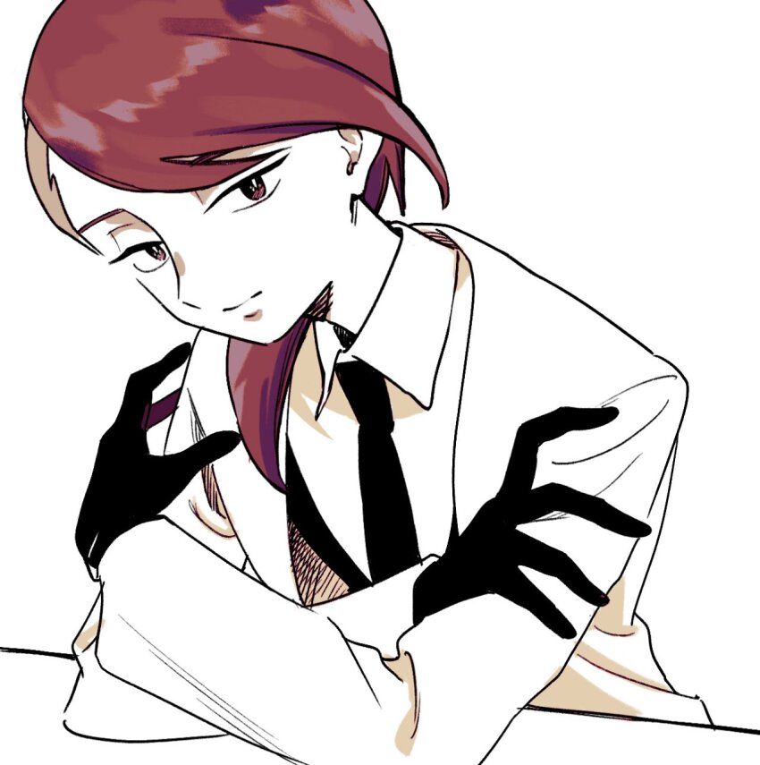 1other androgynous arms_on_table asymmetrical_hair black_gloves black_necktie black_vest closed_mouth coat collared_shirt commentary cowboy_shot crossed_arms gem_uniform_(houseki_no_kuni) gloves hair_over_shoulder highres houseki_no_kuni light_smile long_sleeves looking_at_viewer low_ponytail necktie no+bi= open_clothes open_coat other_focus red_eyes red_hair rutile_(houseki_no_kuni) shirt simple_background solo v-neck vest white_background white_coat white_shirt