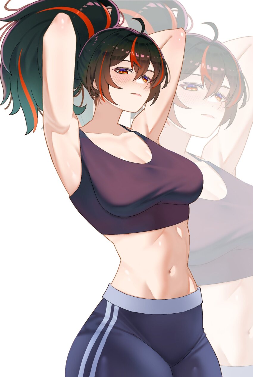 1girl alternate_costume armpits arms_up black_hair black_leggings blush breasts closed_mouth cowboy_shot highres large_breasts leggings multicolored_hair navel ponytail red_eyes red_hair solo sports_bra stomach streaked_hair urshan61 white_background zenless_zone_zero zhu_yuan zoom_layer