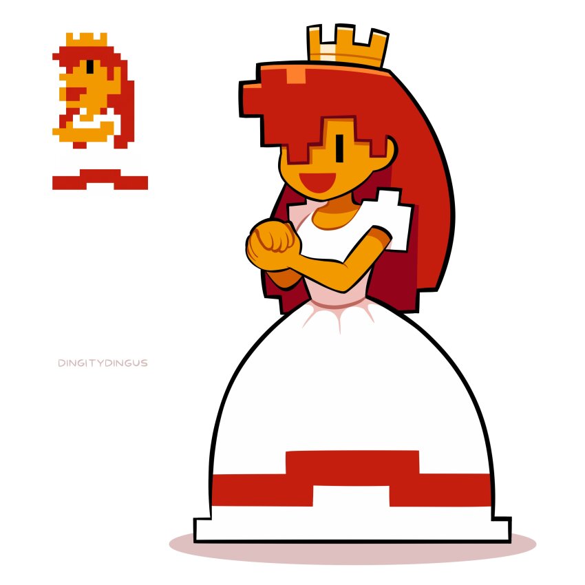 1girl absurdres alternate_hairstyle artist_name colored_skin crown dress hair_over_one_eye happy highres looking_at_viewer mario_(series) meme nintendo official_alternate_costume official_alternate_hair_color open_mouth orange_skin princess_peach princess_toadstool_redraw_(meme) puffy_short_sleeves puffy_sleeves red_eyes red_hair redraw reference_inset short_sleeves simple_background smile super_mario_bros._1 vinny_(dingitydingus) white_background white_dress