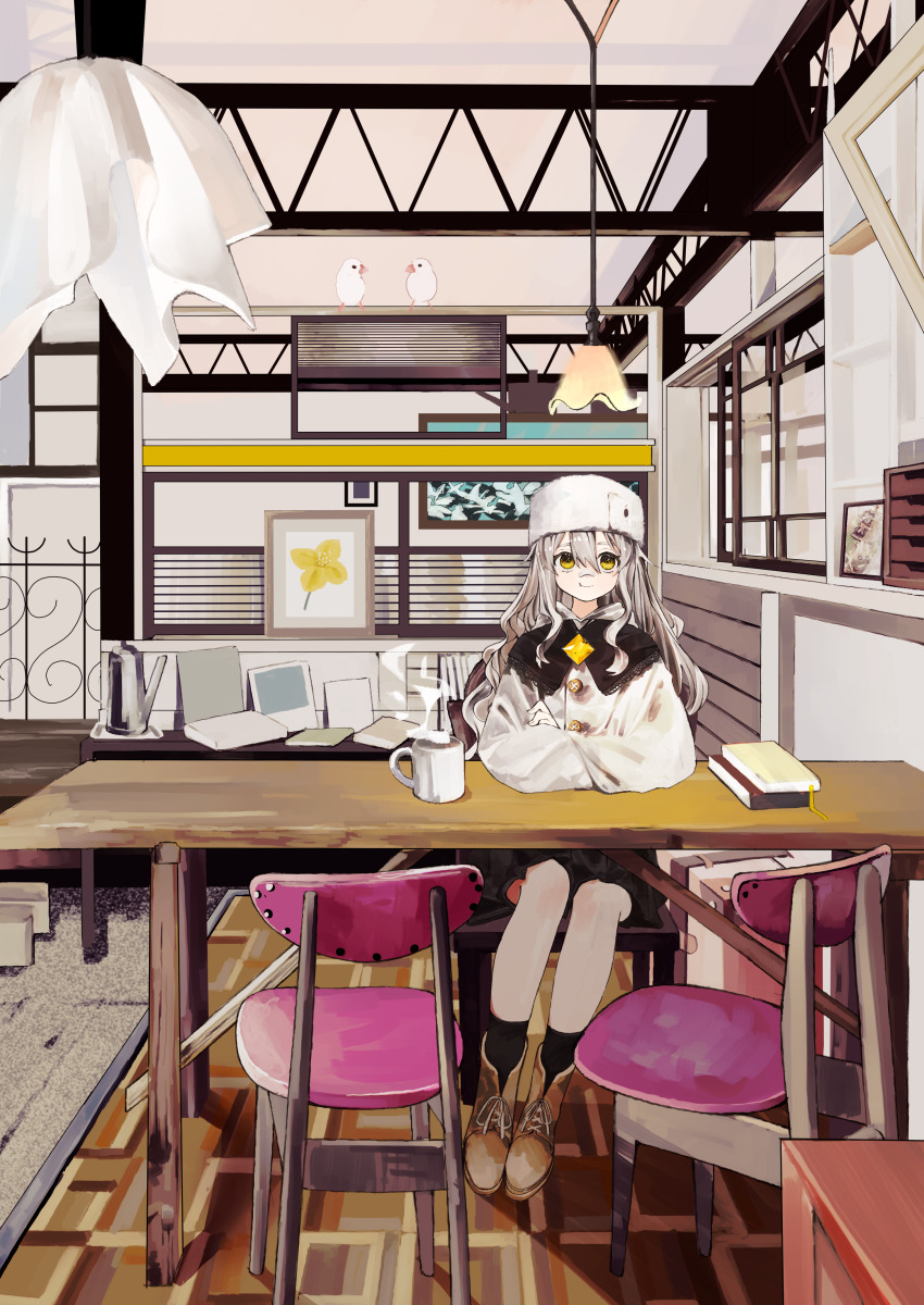 1girl absurdres bandaid bandaid_on_face bandaid_on_nose black_skirt black_socks book boots cross-laced_footwear crossed_arms cup elbow_rest fur_hat grey_hair grey_jacket hair_between_eyes hat highres indoors jacket long_hair maegami_(daisuki_oekaki1) mug on_chair original papakha sitting skirt socks solo steam table white_hat wooden_chair yellow_eyes