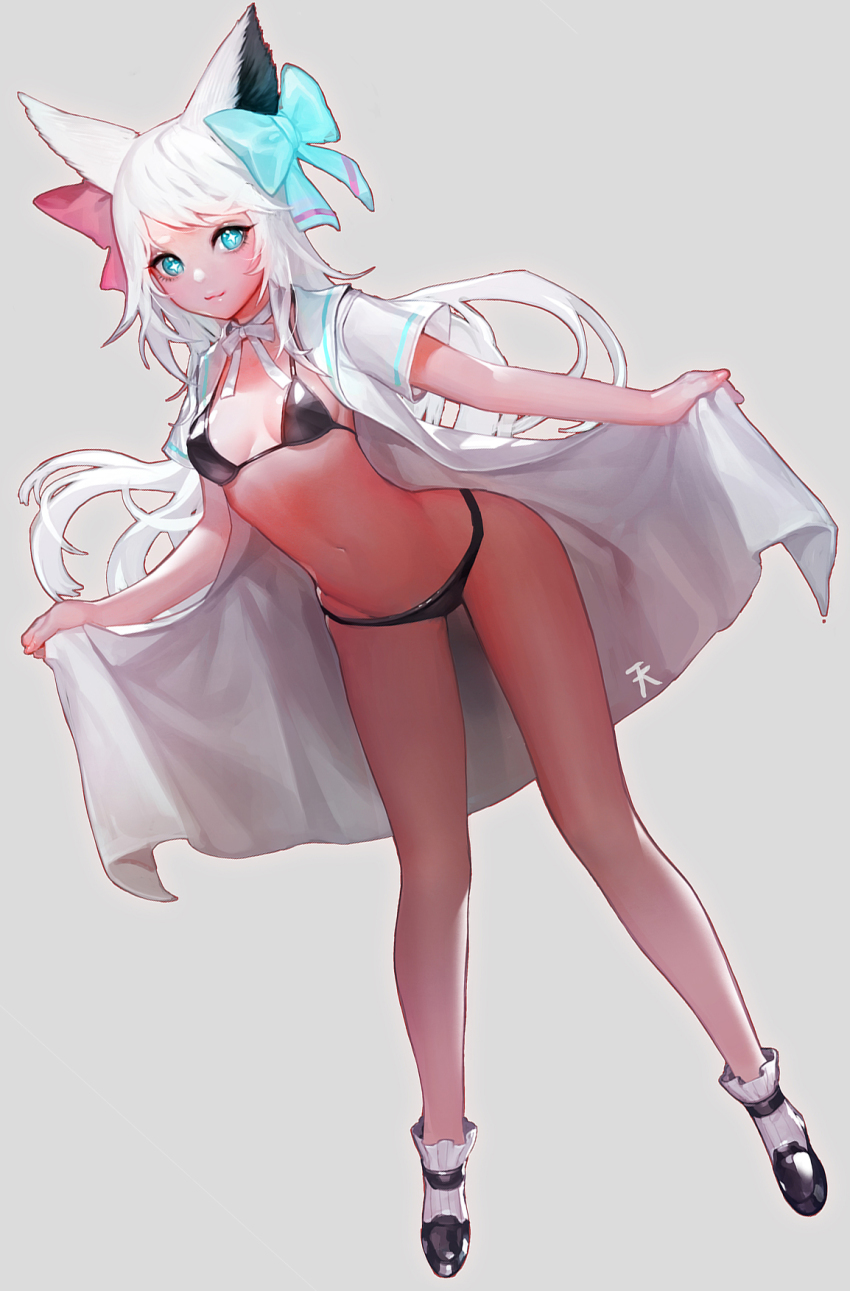 +_+ 1girl animal_ears bikini black_bikini blue_eyes breasts ddongu female_focus fox_ears hair_ribbon highres long_hair navel neck_ribbon open_clothes open_shirt original ribbon shirt small_breasts smile solo swimsuit symbol-shaped_pupils white_hair