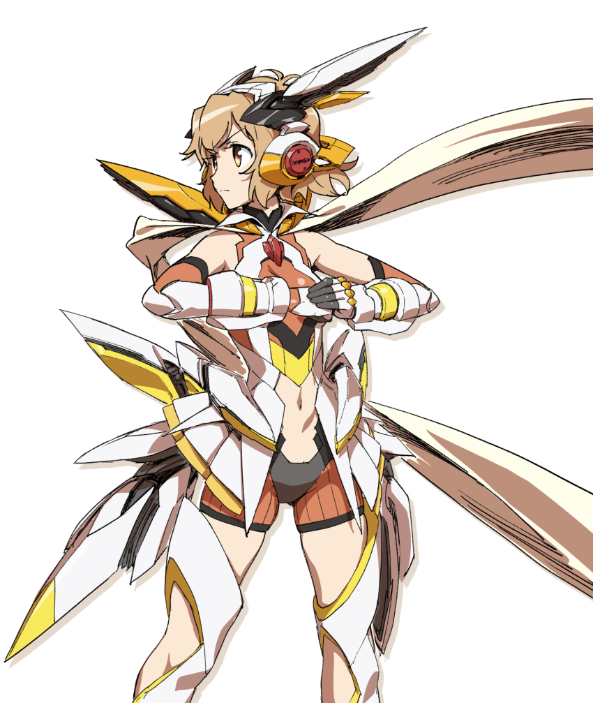 &gt;:( 10s 1girl armor bodysuit breasts brown_hair clenched_hands cowboy_shot frown gauntlets gloves headgear headphones highres ikezawa_shin legs_apart looking_to_the_side navel senki_zesshou_symphogear short_hair shorts simple_background skindentation small_breasts solo standing tachibana_hibiki_(symphogear) v-shaped_eyebrows white_background yellow_eyes