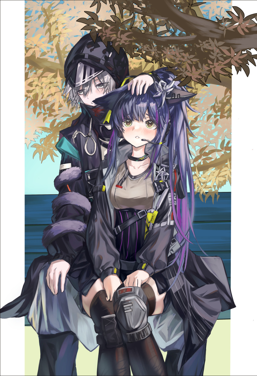 1boy 1girl absurdres animal_ears arknights armor black_coat black_collar black_jacket black_skirt black_thighhighs blush brown_shirt coat collar collarbone commission doctor_(arknights) ehdghks500 feet_out_of_frame girl_on_top green_eyes grey_eyes grey_hair hair_between_eyes hair_ornament hand_on_another&#039;s_head headpat high-waist_skirt highres hood hood_up hooded_coat jacket jessica_(arknights) knee_pads leaf long_hair long_sleeves male_doctor_(arknights) microphone multicolored_hair open_mouth plant purple_hair purple_tail shirt short_hair sitting sitting_on_person skirt strap streaked_hair t-shirt tail tail_around_arm thighhighs tree