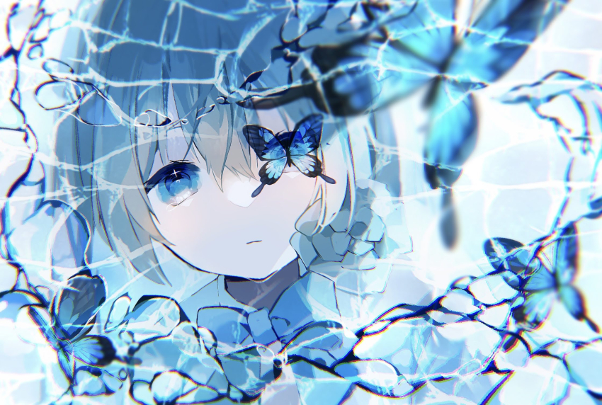 1girl blue_bow blue_bowtie blue_butterfly blue_eyes blue_sky bow bowtie bug butterfly butterfly_on_face butterfly_over_eye closed_mouth commentary_request crack cracked_glass expressionless highres hokucha insect looking_at_viewer original portrait sky solo