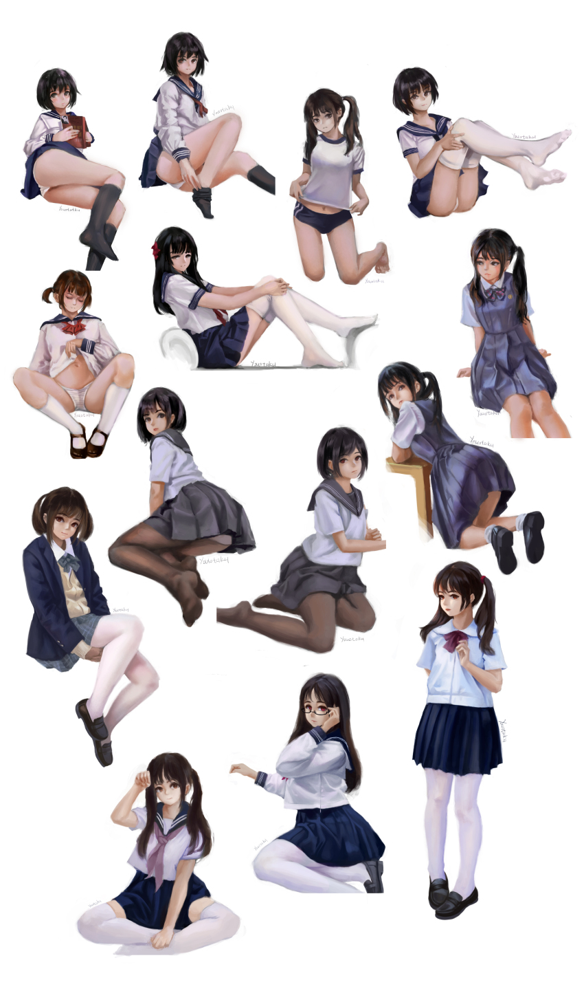 6+girls absurdres black_pantyhose buruma dress flat_chest full_body highres mary_janes multiple_girls original panties pantyhose petite pleated_dress pleated_skirt school_uniform serafuku shoes sitting skirt thighhighs underwear white_background white_pantyhose white_thighhighs youotaku