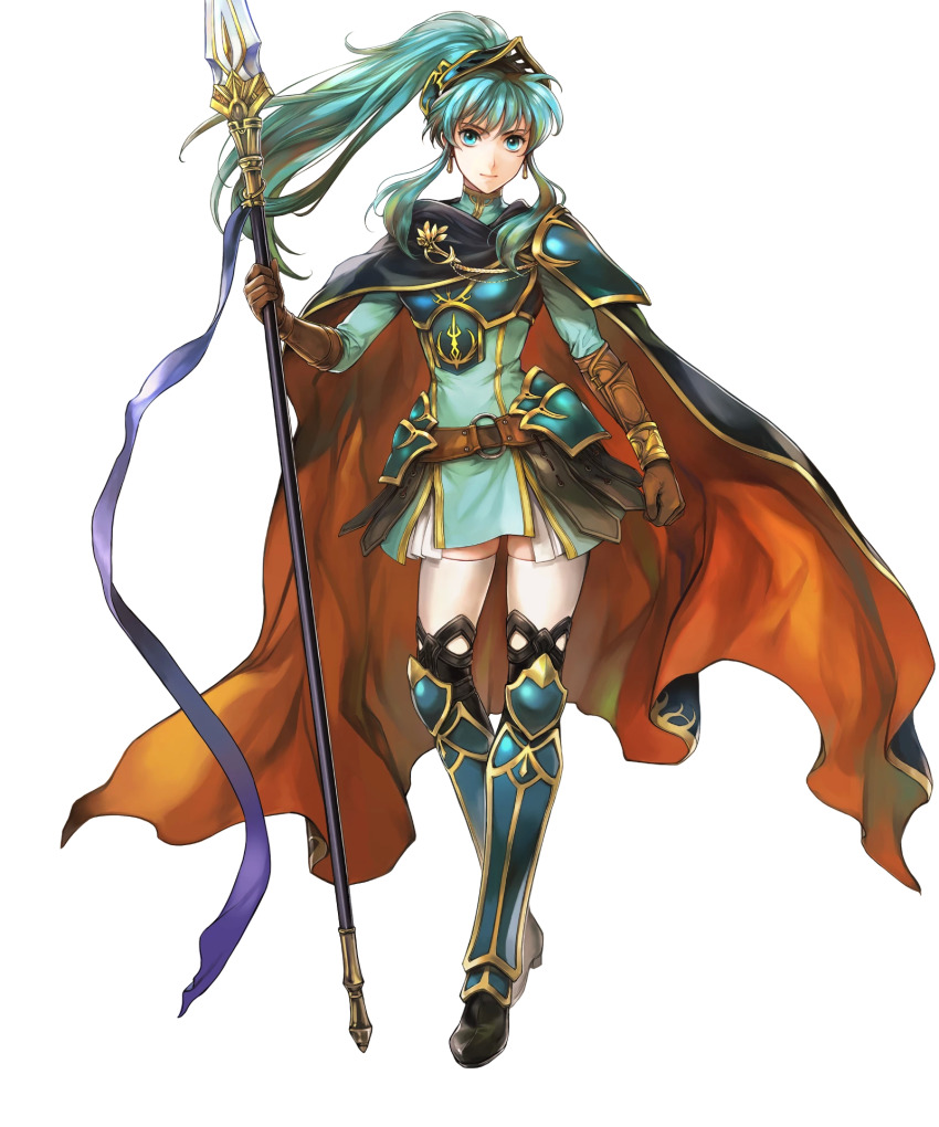 1girl aqua_eyes aqua_hair armor armored_boots belt boots bracelet breastplate brown_gloves cape dress earrings eirika_(fire_emblem) elbow_gloves female_focus fire_emblem fire_emblem:_the_sacred_stones fire_emblem_heroes full_body gloves hair_ornament highres holding holding_polearm holding_spear holding_weapon jewelry long_hair long_sleeves matching_hair/eyes nintendo official_art polearm ponytail short_dress shoulder_armor sidelocks solo spear standing thighhighs transparent_background turtleneck wada_sachiko weapon white_thighhighs