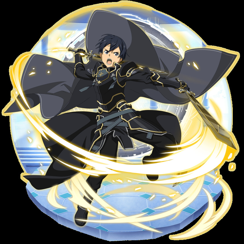 armor black_armor black_cape black_eyes black_gloves black_hair black_sword cape full_body gloves hair_between_eyes highres holding holding_sword holding_weapon kirito male_focus solo sword sword_art_online sword_art_online:_alicization transparent_background waist_cape weapon