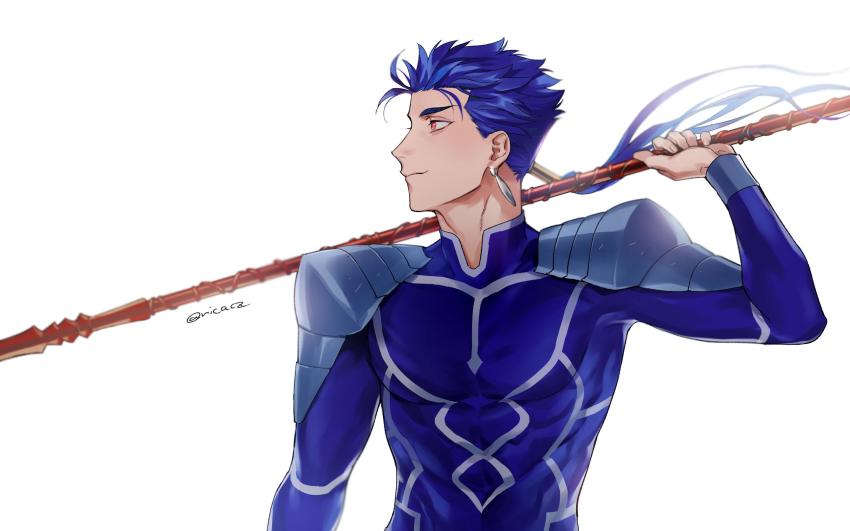 1boy armor beads blue_hair bodysuit closed_mouth cu_chulainn_(fate) earrings fate/stay_night fate_(series) floating_hair gae_bolg_(fate) hair_beads hair_ornament highres holding holding_polearm holding_weapon jewelry k29 cu_chulainn_(fate/stay_night) long_hair long_sleeves looking_to_the_side male_focus muscular pauldrons polearm ponytail red_eyes shoulder_armor simple_background skin_tight smile solo spiked_hair twitter_username weapon white_background