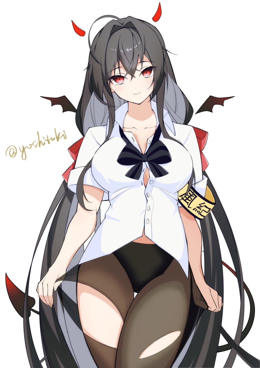 1girl arm_strap azur_lane black_bow black_bowtie black_hair black_panties black_pantyhose bow bowtie breasts closed_mouth collarbone collared_shirt cowboy_shot highres horns large_breasts long_hair looking_at_viewer panties pantyhose red_eyes shirt short_sleeves smile solo taihou_(azur_lane) torn_clothes torn_pantyhose twitter_username underwear white_background white_shirt wings yoshitoki_(kisshin)