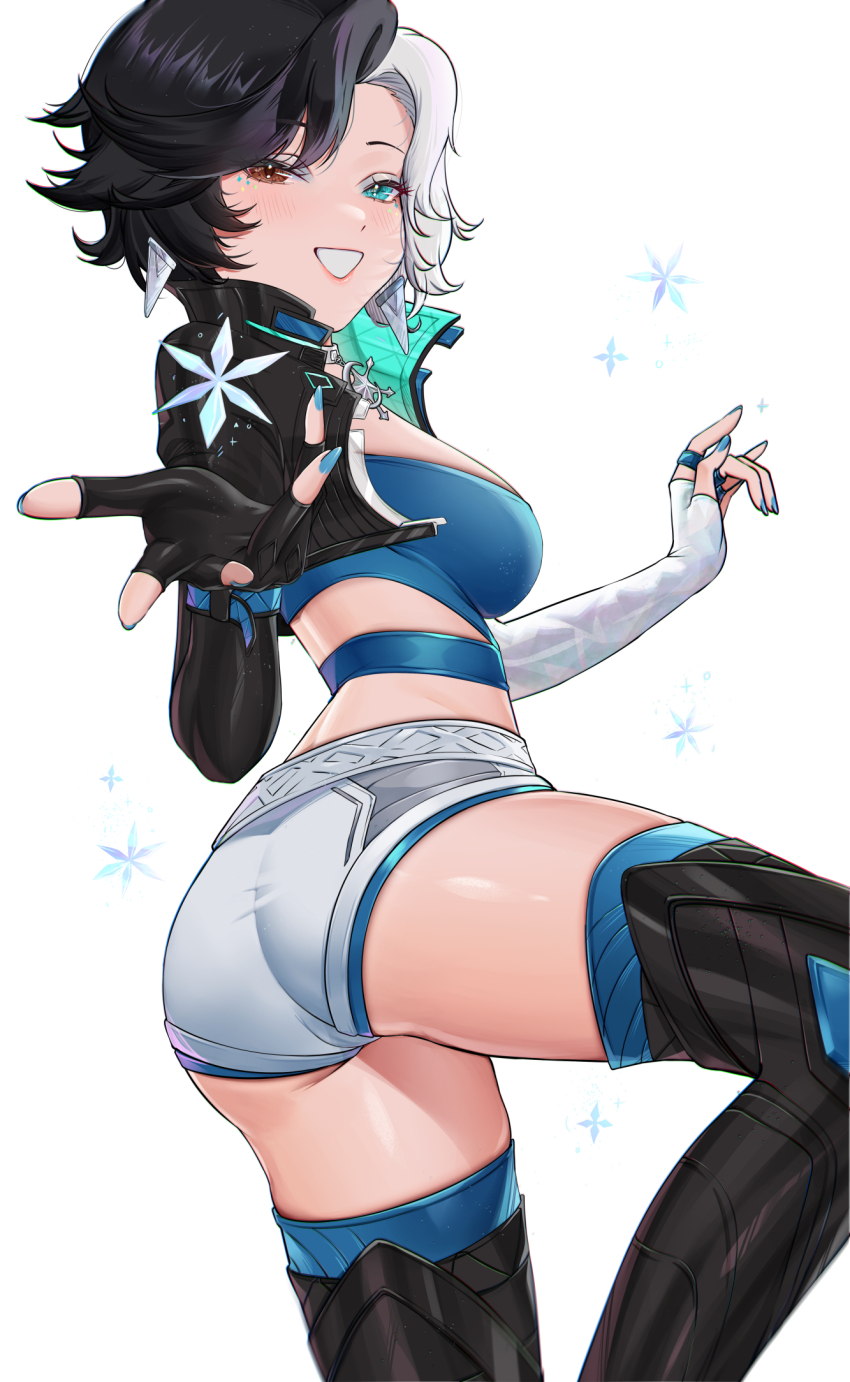 1girl ass black_hair black_jacket blue_eyes breasts choker crop_top fingerless_gloves gloves heterochromia highres jacket looking_at_viewer luna_snow marvel marvel_rivals multicolored_hair short_hair shorts smile solo split-color_hair two-tone_hair white_hair wonnikon