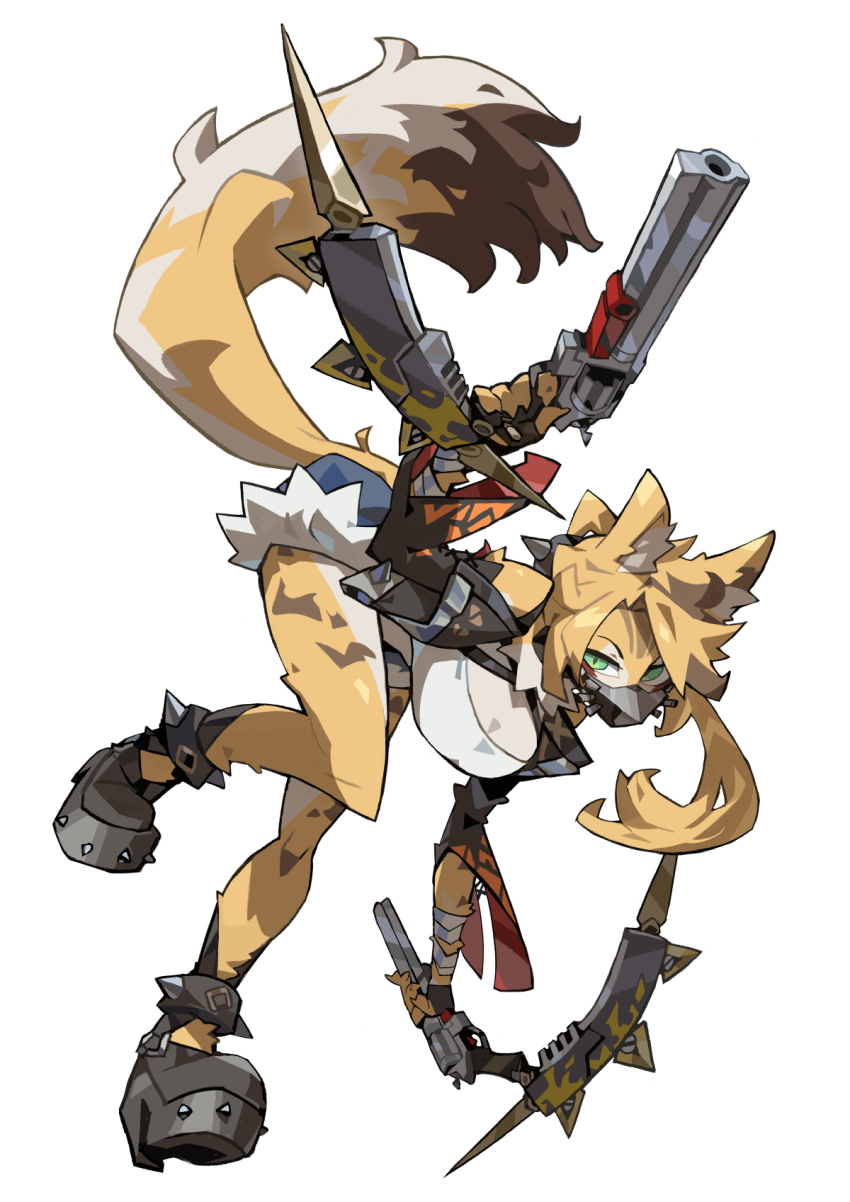 1girl animal_ear_fluff animal_ears black_mask black_shoes blue_shorts breasts cheetah_ears cheetah_girl cheetah_tail commentary dual_wielding english_commentary fingerless_gloves furry furry_female gloves green_eyes gun highres holding holding_gun holding_weapon long_sleeves looking_at_viewer mask mouth_mask niking orange_hair pulchra_fellini shoes shorts simple_background solo tail weapon white_background zenless_zone_zero