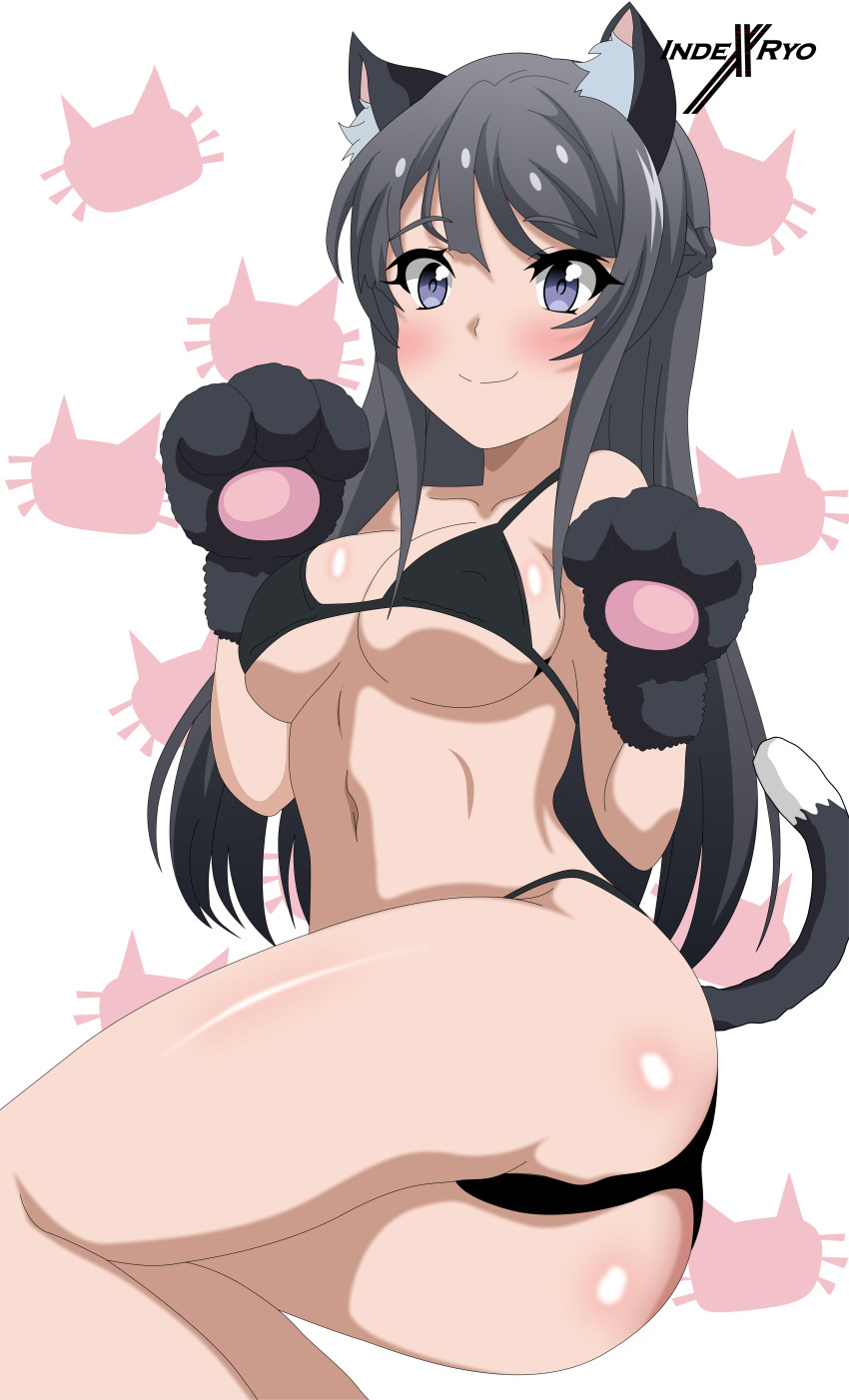 1girl absurdres animal_ears ass back black_hair blue_eyes blush breasts cat_ears cat_tail highres indexryo large_breasts long_hair sakurajima_mai seishun_buta_yarou smile swimsuit tail