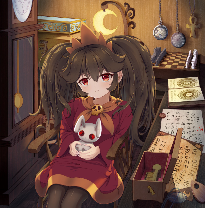 1girl ankh ashley_(warioware) big_hair black_hair black_pantyhose board_game book box chess clock crescent_moon dress grandfather_clock hairband highres indoors long_sleeves looking_at_viewer matchamassa moon neckerchief nintendo open_book orange_hairband orange_neckerchief ouija pantyhose red_dress red_eyes sailor_collar sitting skull skull_ornament solo stuffed_animal stuffed_rabbit stuffed_toy warioware witch yellow_sailor_collar