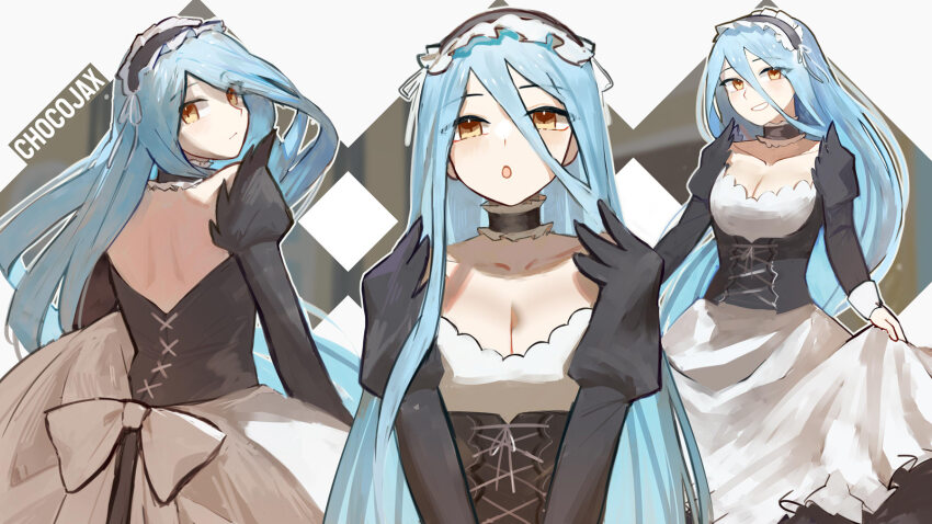 1girl alternate_costume apron azura_(fire_emblem) blue_hair blush breasts chocojax cleavage closed_mouth dress expressionless expressions fire_emblem fire_emblem_fates frilled_apron frills hair_between_eyes highres long_hair long_sleeves looking_at_viewer maid maid_apron medium_breasts multiple_views nintendo open_mouth simple_background smile solo veil very_long_hair waist_apron white_apron white_background yellow_eyes