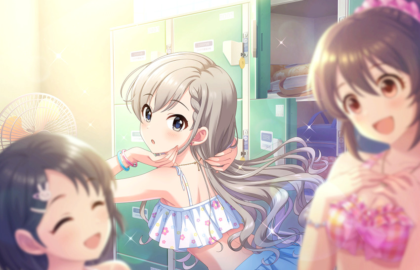 3girls annindoufu_(oicon) bikini black_hair blue_eyes bracelet braid braided_bangs brown_hair closed_eyes earrings fan game_cg grey_hair hisakawa_hayate hori_yuko idolmaster idolmaster_cinderella_girls idolmaster_cinderella_girls_starlight_stage jewelry locker locker_room multiple_girls necklace official_art open_mouth red_eyes sasaki_chie sparkle swimsuit