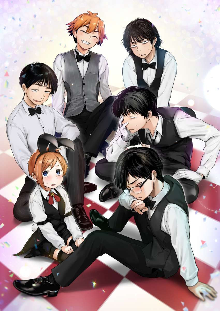 5saiji absurdres animal_ears black_bow black_bowtie black_footwear black_hair black_pants black_vest blush bow bowtie closed_eyes confetti crossdressing fake_animal_ears fake_tail glasses gloves grey_vest highres long_sleeves looking_at_viewer male_focus multiple_boys necktie open_mouth orange_hair original pants shirt sitting sweat tail thighhighs tile_floor tiles vest white_gloves white_shirt