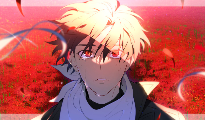 1boy 86_-eightysix- absurdres brown_hair commentary_request field flower grey_jacket hair_between_eyes highres honla jacket looking_at_viewer outdoors parted_lips red_eyes red_flower scarf shinei_nouzen solo tears upper_body white_scarf