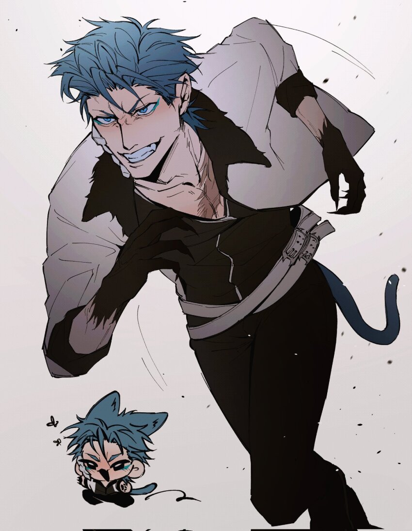 1boy arrancar belt black_hands black_shirt bleach blue_eyeliner blue_eyes blue_hair chibi claws collarbone colored_extremities colored_skin commentary_request espada eyeliner fangs feet_out_of_frame grimmjow_jaegerjaquez grin highres jacket kemonomimi_mode light_blue_hair looking_ahead makeup male_focus multiple_belts multiple_views open_mouth r0111en shirt simple_background smile solo tail teeth white_background white_belt white_jacket