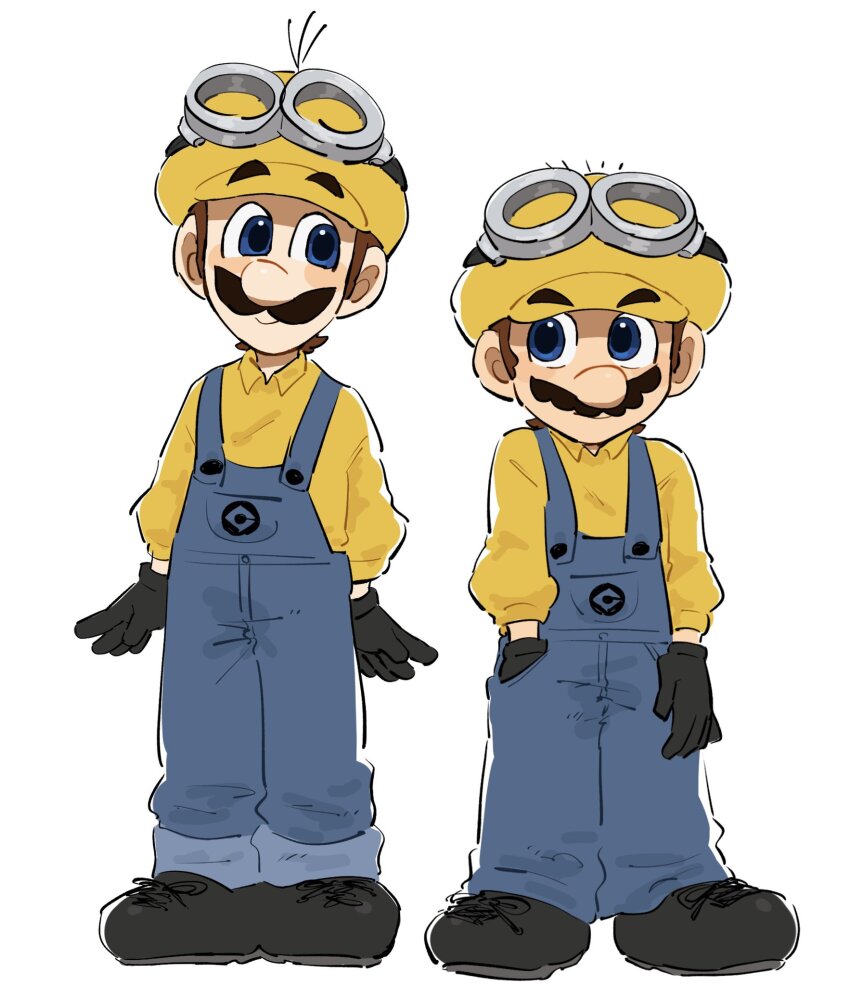 2boys black_gloves blue_eyes blue_overalls brown_hair cosplay despicable_me facial_hair gloves hat highres luigi male_focus mario mario_(series) mimimi_(mimimim9999) minion_(despicable_me) minion_(despicable_me)_(cosplay) multiple_boys mustache nintendo overalls shirt short_hair