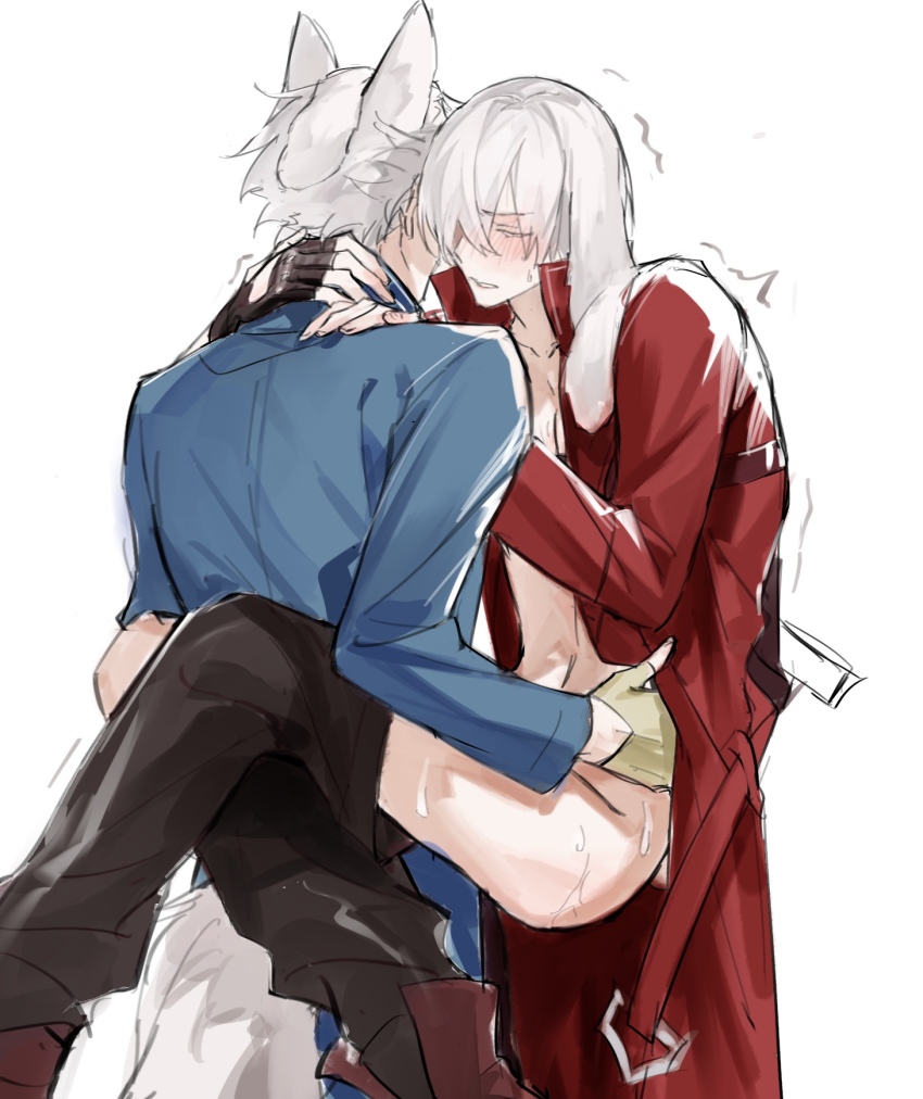 animal_ears bishounen blush brothers carrying carrying_person crossed_legs dante_(devil_may_cry) devil_may_cry devil_may_cry_(series) devil_may_cry_3 hair_over_one_eye highres incest male_focus male_penetrated male_penetration rabbit_boy rabbit_ears siblings sleeveless tail twincest twins vergil_(devil_may_cry) white_hair wolf_boy wolf_ears wolf_tail yaoi