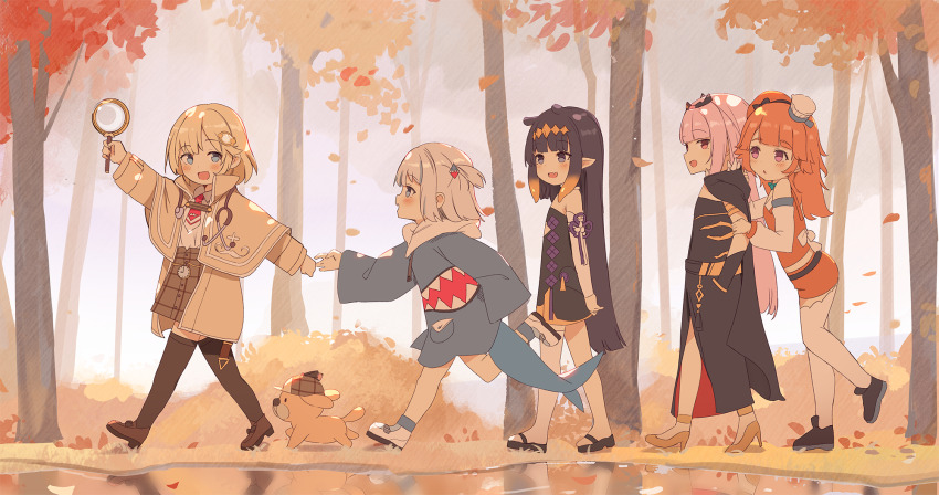 5girls aged_down autumn_leaves black_cape black_dress black_skirt blonde_hair blue_eyes blue_hoodie brown_capelet brown_coat brown_footwear brown_skirt brown_thighhighs bubba_(watson_amelia) cape capelet coat commentary_request dog dress fins fish_tail full_body gawr_gura gawr_gura_(1st_costume) gradient_hair hair_ornament hand_up hands_in_pockets hat hiding hiding_behind_another high_heels highres holding holding_magnifying_glass hololive hololive_english holomyth hood hoodie leaf_pile long_hair looking_back magnifying_glass mini_hat mori_calliope mori_calliope_(1st_costume) multicolored_hair multiple_girls ninomae_ina&#039;nis ninomae_ina&#039;nis_(1st_costume) one_side_up open_mouth orange_eyes orange_hair orange_shirt orange_skirt orobou outdoors pink_eyes pink_hair plaid_clothes plaid_skirt pointy_ears purple_eyes purple_hair reaching_towards_another river running sandals shark_tail shirt short_hair side_slit skirt sleeveless sleeveless_shirt smile standing standing_on_one_leg stethoscope tail takanashi_kiara takanashi_kiara_(1st_costume) tentacle_hair thighhighs tree virtual_youtuber walking watson_amelia watson_amelia_(1st_costume) white_background white_footwear white_hair white_hat yellow_footwear