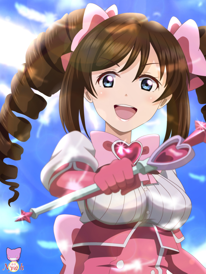 1girl absurdres blue_eyes brown_hair cosplay hanabishi_haruka highres long_hair looking_at_viewer love_live! love_live!_nijigasaki_high_school_idol_club maeda_kaori magia_magenta mahou_shoujo_ni_akogarete nyahoekaki1 open_mouth osaka_shizuku smile solo voice_actor_connection