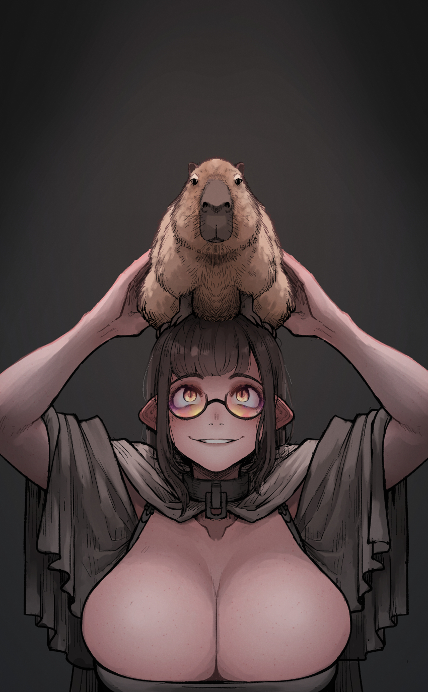 absurdres arms_up black-framed_eyewear blush breasts brown_hair capybara cleavage glasses highres holding huge_breasts large_breasts looking_at_viewer mistimagi mole mole_under_eye original round_eyewear short_hair simple_background smile teeth upper_body