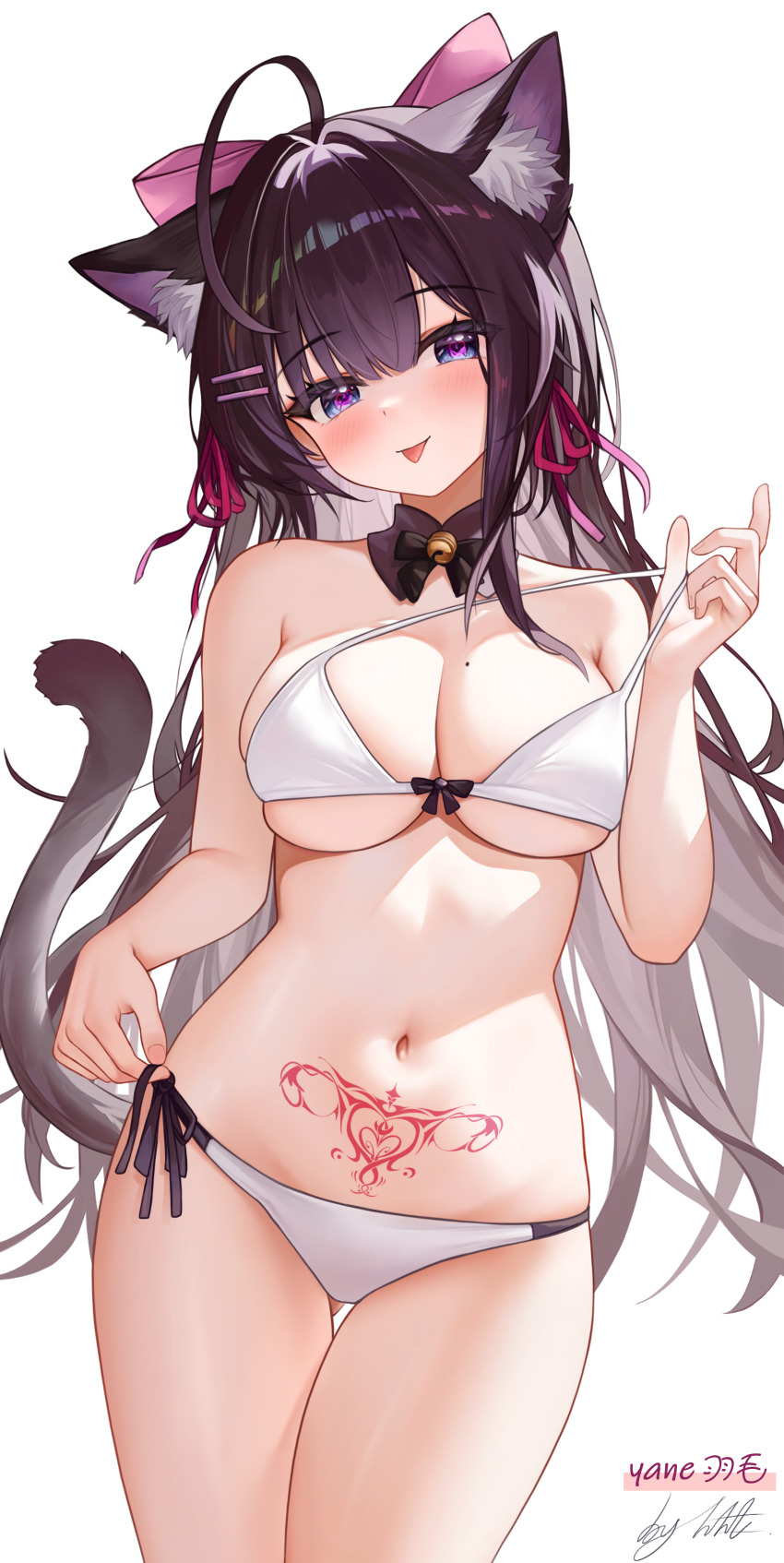 1girl :p absurdres ahoge animal_ear_fluff animal_ears bare_arms bare_shoulders bell bikini black_bow black_bowtie blue_eyes bow bowtie breasts brown_hair brown_tail cat_ears cat_girl cat_tail cleavage closed_mouth colored_inner_hair commentary_request cowboy_shot detached_collar gluteal_fold hair_bow hair_ornament hair_ribbon hairclip half-closed_eyes halterneck hand_up head_tilt highres holding_strap huge_ahoge jingle_bell large_breasts light_blush liht long_hair looking_at_viewer mole mole_on_breast multicolored_hair navel neck_bell original pink_bow pink_pupils pubic_tattoo red_ribbon ribbon side-tie_bikini_bottom simple_background smile solo standing stomach strap_pull string_bikini swimsuit tail tail_raised tattoo thigh_gap tongue tongue_out very_long_hair white_background white_bikini