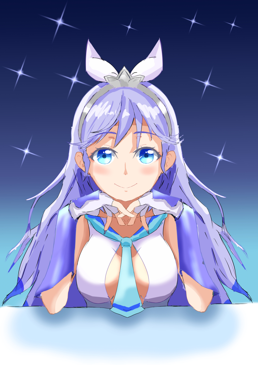 1girl absurdres armored_gloves blue_eyes breasts delphinus_yukino_(saint_seiya:_rising_cosmo) hairband highres long_hair purple_hair sailor_collar saint_seiya saint_seiya:_rising_cosmo sidou_rikka smile solo sparkle upper_body white_hairband