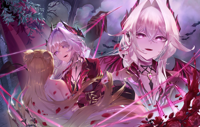 2girls absurdres artist_name bat_wings black_bra black_horns blonde_hair bra bra_peek breasts bright_pupils candlestand cleavage collarbone commentary_request demon_tail hair_between_eyes hair_intakes highres honkai_(series) honkai_impact_3rd horns jacket kailu_(kyshiro) large_breasts looking_at_viewer multiple_girls multiple_views official_alternate_costume open_mouth purple_eyes red_jacket red_petals smile songque tail thelema_nutriscu thelema_nutriscu_(gentle_is_the_night) underwear white_hair white_pupils wings yuri