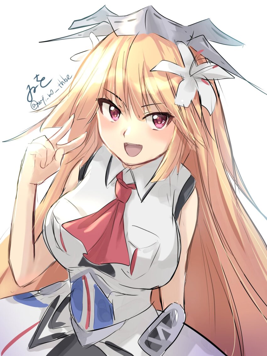 1girl artist_name blonde_hair breast_pocket brooklyn_(kancolle) flower hair_flower hair_ornament headgear highres jacket kantai_collection long_hair military_uniform neckerchief pocket red_eyes red_neckerchief showgirl_skirt simple_background sleeveless sleeveless_jacket smile solo twitter_username upper_body v white_background white_jacket wiwo