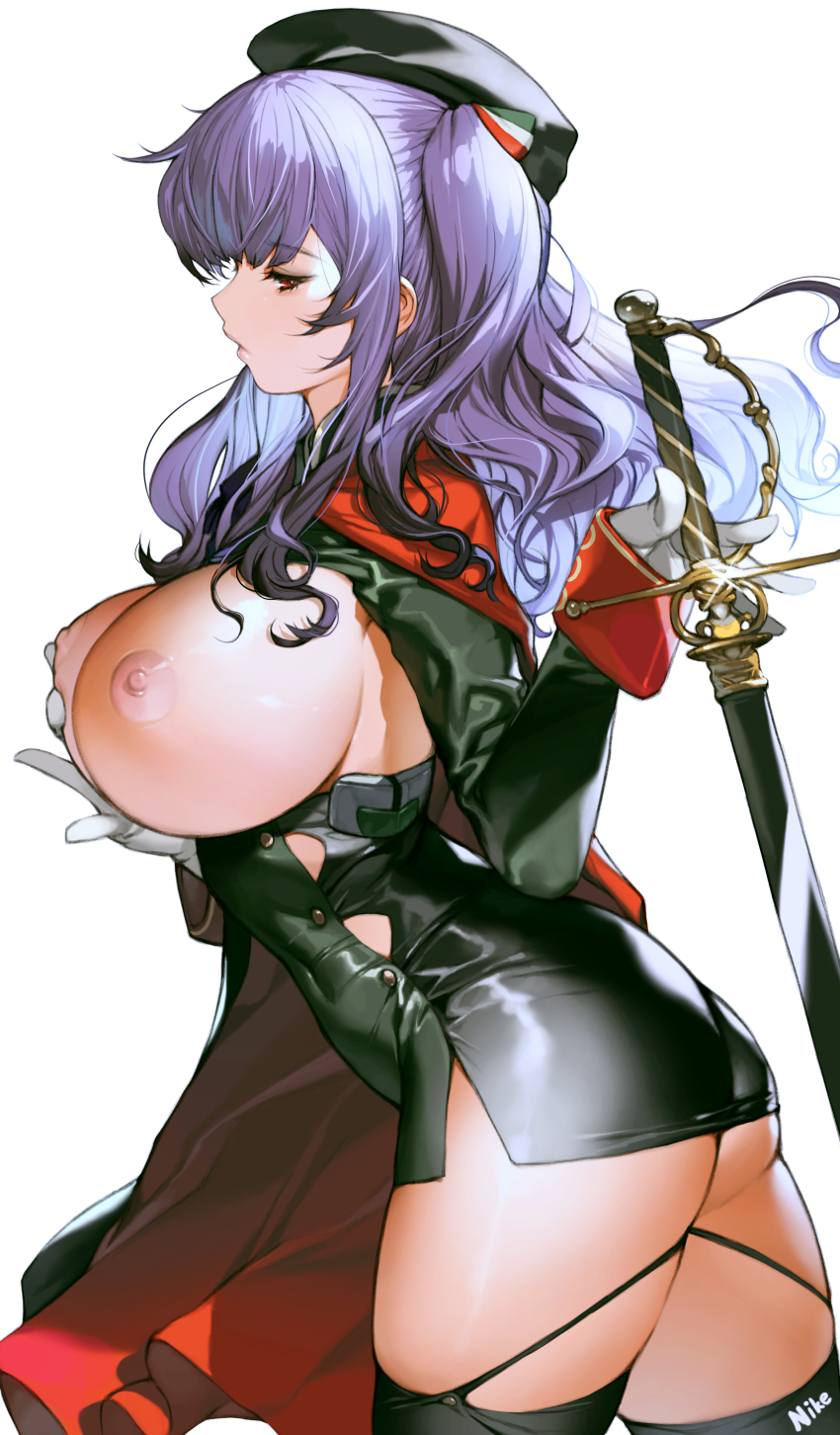 1girl absurdres ass azur_lane beret black_thighhighs breasts breasts_out cape dress from_side gloves hat highres holding holding_sword holding_weapon large_breasts long_hair nike_(nike1060) nipples pola_(azur_lane) purple_eyes purple_hair red_cape skindentation sword taut_clothes taut_dress thighhighs thighs twintails weapon white_gloves